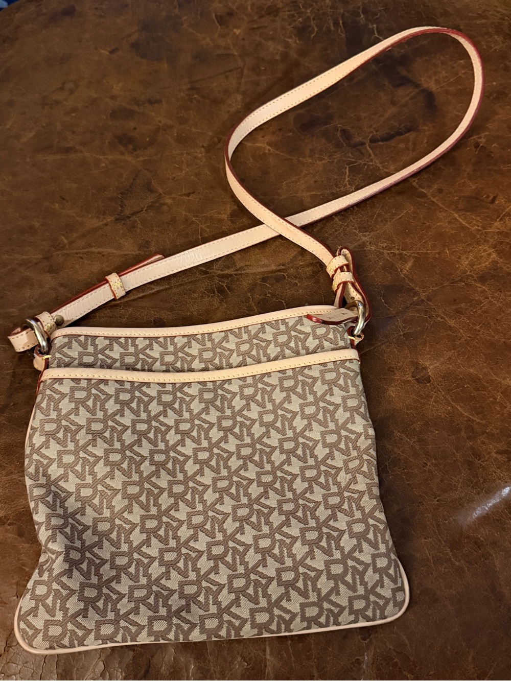 DKNY Signature Monogram Canvas Flat Crossbody Bag - Tan & Brown